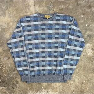 Vintage 90s Tricots St Raphael Sweater Size Medium Blue Plaid Striped Pull Over